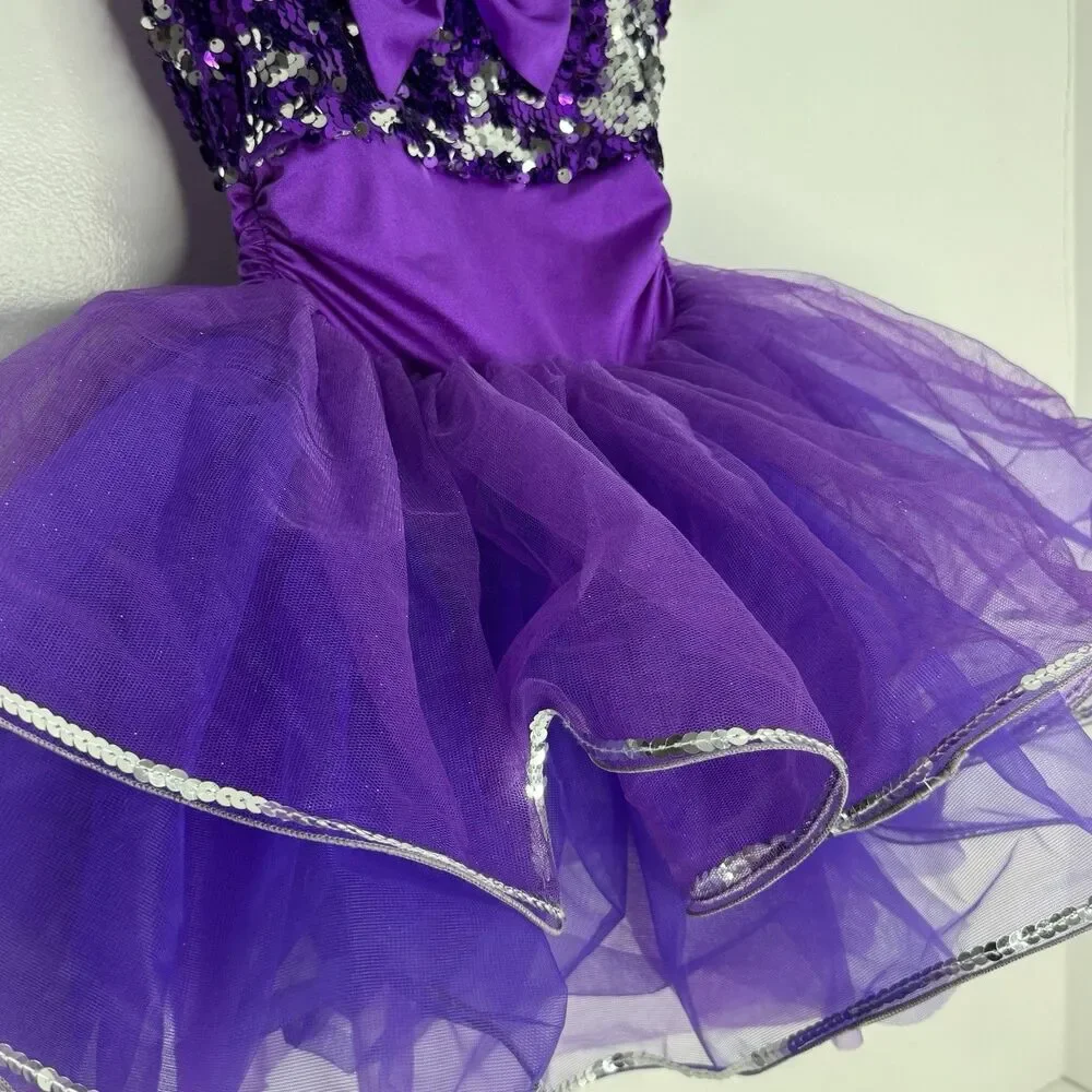 Weissman Dance Costume IC Sequins Jewel Curly Hem Tricot Skirt Bow Purple